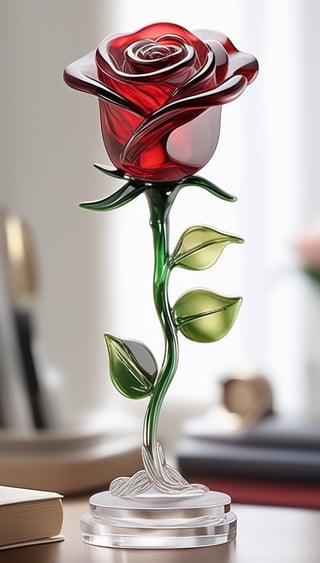 Generate an image of a sophisticated glass art rendition featuring  red rose . The intricately crafted figurine stands elegantly on a desk, capturing the essence of high-end craftsmanship.Clear Glass Skin, red rose -themed , realistic glass style , Valentine day