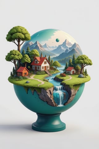(best quality), (4k resolution), creative illustration of a miniature world on a white pedestal. The world is a green sphere with various natural and artificial elements. There is a river, trees, mountains, and a small house on the sphere. The image has a minimalist style with a light color palette that creates a contrast with the white background,,<lora:659095807385103906:1.0>