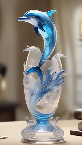 Generate an image of a sophisticated glass art rendition featuring dolphin. The intricately crafted figurine stands elegantly on a desk, capturing the essence of high-end craftsmanship.Clear Glass Skin,dragon-themed,dragonyear ,comic style