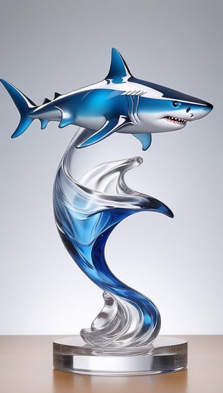 Generate an image of a sophisticated glass art rendition featuring shark. The intricately crafted figurine stands elegantly on a desk, capturing the essence of high-end craftsmanship.Clear Glass Skin,shark-themed , realistic glass style , (flag of venezuela at the base of the figure) 