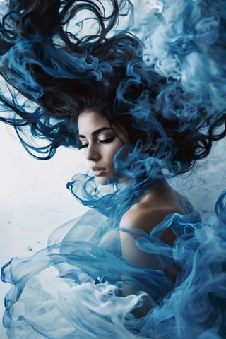 CAMILA ROJAS, photography, a beautiful woman with dark hair in black and white is surrounded by BLUE ink that flows like smoke. She has her head tilted back as she floats underwater, creating an ethereal atmosphere. Her face reflects intense emotions of pain or sadness, adding to his mysterious allure. Open eyes 