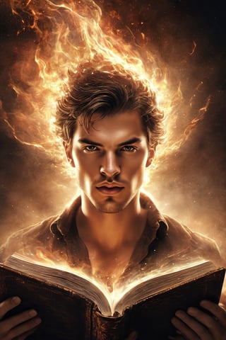A graphic illustration of a magic book with a male face rising from it, detailed, magic energy, hyperrealism, digital art, Mysterious,flmngprsn