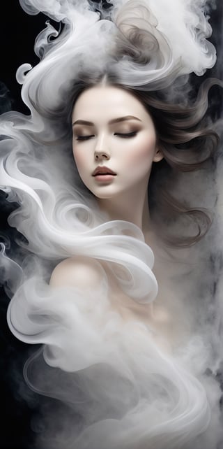 smoke sculpture portrait of a woman ( Lana Rhoades face) , in the style of flowing fabrics, delicate ink washes, dance, juliana nan, clear and crisp, mandy disher, movement and spontaneity captured