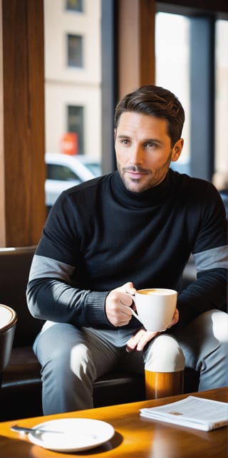 (photorealistic), masterpiece:1.5, best quality, beautiful lighting, realistic, real image, intricate details, 

Create an image of a 35-year-old man, brown hair, light brown eyes, wearing a black turtleneck sweater, light gray suit, sitting in restaurant with a cup of coffee, a sash of ten thousand dollars money on the table

Camera settings to capture such a vibrant and detailed image would likely include: Lens: 85mm f/1.8, f/4.0, ISO 100, 1/500 sec,