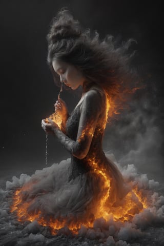 Beautiful female, made with black on white smoky layers, floating embers,  surrealism,faize