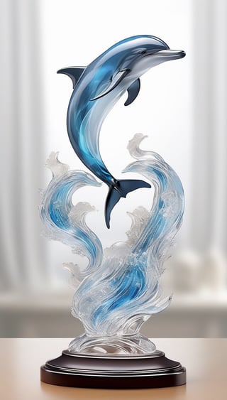 Generate an image of a sophisticated glass art rendition featuring dolphin. The intricately crafted figurine stands elegantly on a desk, capturing the essence of high-end craftsmanship.Clear Glass Skin,dolphin-themed ,comic style