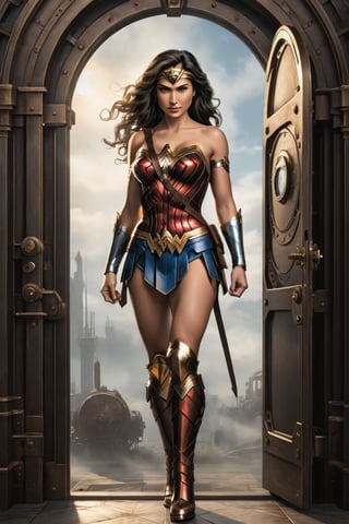 ((wonder woman of DC comics illustration in steampunk stile,)) ((full body view.)) (( Action pose)) (Masterpiece, Best quality), (finely detailed eyes), (finely detailed eyes and detailed face), (Extremely detailed CG, intrincate detailed, Best shadow), conceptual illustration, (illustration), (extremely fine and detailed), (Perfect details), (Depth of field), in the door of a wilding background,more detail XL