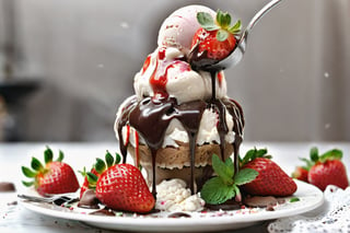 Huge ice cream sundae, strawberry, cream, chocolate sprinkles, a leaf of mint, fresh cut strawberries, chocolate sauce overflowing onto the table, spoon in the center towards the camera with ice cream on it which is melting and dripping, background white table think with lace, Young woman in the background pushes the spoon into her mouth with relish macro photography, deep blur lora:detail_slider,booth,sweetscape