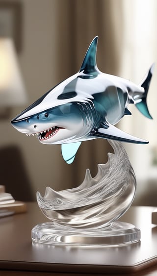 Generate an image of a sophisticated glass art rendition featuring shark. The intricately crafted figurine stands elegantly on a desk, capturing the essence of high-end craftsmanship.Clear Glass Skin,shark-themed , realistic glass style 