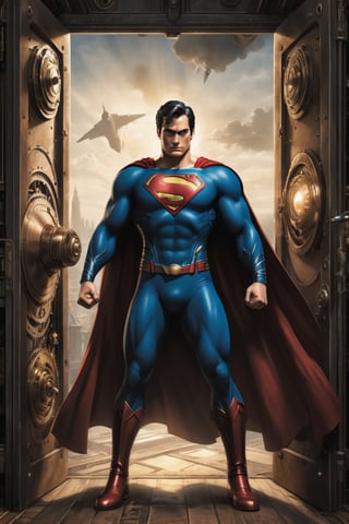 ((Superman of DC comics illustration in steampunk stile,)) ((full body view.)) (( Action pose)) (Masterpiece, Best quality), (finely detailed eyes), (finely detailed eyes and detailed face), (Extremely detailed CG, intrincate detailed, Best shadow), conceptual illustration, (illustration), (extremely fine and detailed), (Perfect details), (Depth of field), in the door of a wilding background,more detail XL