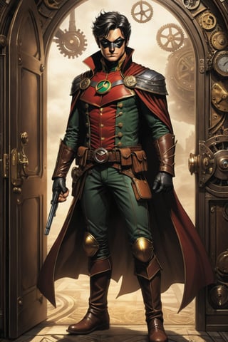 ((robin  of DC comics illustration in steampunk stile,)) , ((robin dc classic look)) ((full body view.)) (( Action pose)) (Masterpiece, Best quality), (finely detailed eyes), (finely detailed eyes and detailed face), (Extremely detailed CG, intrincate detailed, Best shadow), conceptual illustration, (illustration), (extremely fine and detailed), (Perfect details), (Depth of field), in the door of a wilding background,more detail XL