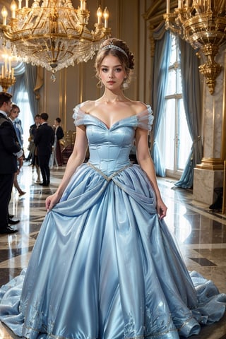 cinderella, 1girl 15 years old, (( blue king dress)) full body:1.1,crystalline_style, A girl in a modern, elegant ball gown, styled with a sleek updo and minimalist jewelry. She should have a confident, regal expression. The background is a luxurious modern palace, with clean lines, high ceilings, and extravagant chandeliers. The photo should be shot in high definition, with a sharp focus on the subject and a soft, blurred background for a captivating portrait,masterpiece,