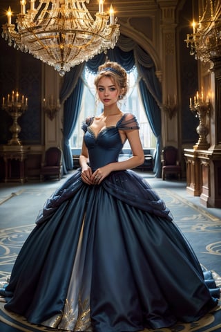 cinderella, 1girl 15 years old, ((dark blue dress)) full body:1.1,crystalline_style, A girl in a modern, elegant ball gown, styled with a sleek updo and minimalist jewelry. She should have a confident, regal expression. The background is a luxurious modern palace, with clean lines, high ceilings, and extravagant chandeliers. The photo should be shot in high definition, with a sharp focus on the subject and a soft, blurred background for a captivating portrait,masterpiece,