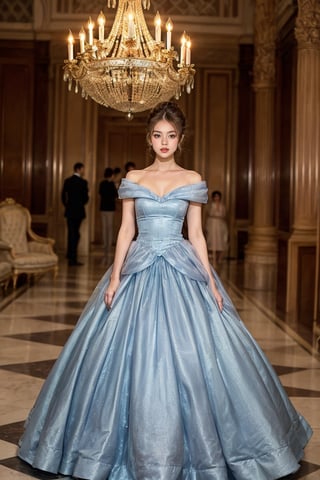 cinderella blue king dress, 15 years old, full body:1.1, A girl in a modern, elegant ball gown, styled with a sleek updo and minimalist jewelry. She should have a confident, regal expression. The background is a luxurious modern palace, with clean lines, high ceilings, and extravagant chandeliers. The photo should be shot in high definition, with a sharp focus on the subject and a soft, blurred background for a captivating portrait,