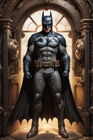 ((Batman of DC comics illustration in steampunk stile,)) ((full body view.)) (( Action pose)) (Masterpiece, Best quality), (finely detailed eyes), (finely detailed eyes and detailed face), (Extremely detailed CG, intrincate detailed, Best shadow), conceptual illustration, (illustration), (extremely fine and detailed), (Perfect details), (Depth of field), in the door of a wilding background,more detail XL