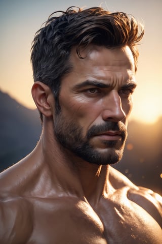  masterpiece, highly detailed face and skin, hyperrealistic, male only, bara, mature, stubble, muscular male, handsome, male focus, spot lights, volumetric lighting, dramatic lighting, bokeh,  (close-up shot), ((cinematic lighting, realistic, detailed background, clear texture, best background, depth of field,light particles,(Balance and coordination between all things),real light and shadow, perspective, composition, adventurous, energy, exploration, contrast, experimental, unique from below and pov, lying, (detailed background, cinematic, detailed, atmospheric, epic, concept art, masterpiece, best quality, 8k, ultrarealsitc), realistic,EpicSky