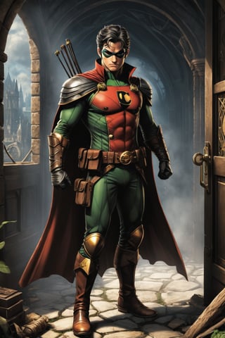 ((robin  of DC comics illustration in classic look ,)) , steampunk background stlye, ((robin dc classic look)) ((full body view.)) (( Action pose)) (Masterpiece, Best quality), (finely detailed eyes), (finely detailed eyes and detailed face), (Extremely detailed CG, intrincate detailed, Best shadow), conceptual illustration, (illustration), (extremely fine and detailed), (Perfect details), (Depth of field), in the door of a wilding background,more detail XL