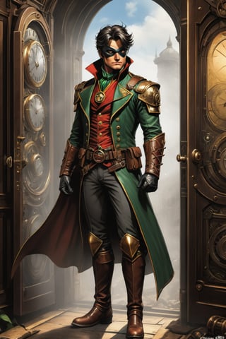 ((robin  of DC comics illustration in steampunk stile,)) , ((robin dc classic look)) ((full body view.)) (( Action pose)) (Masterpiece, Best quality), (finely detailed eyes), (finely detailed eyes and detailed face), (Extremely detailed CG, intrincate detailed, Best shadow), conceptual illustration, (illustration), (extremely fine and detailed), (Perfect details), (Depth of field), in the door of a wilding background,more detail XL
