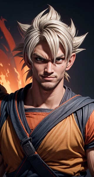 {{masterpiece}}}, {{{best quality}}}, {{{ultra-detailed}}}, {cinematic lighting}, {illustration).
Goku, with his piercing gaze and dark eyes filled with determination, reflects his fearless spirit. His long, spiky blond hair, characteristic of Saiyans, frames his face with an air of constant adventure. His genuine smile radiates warmth and confidence, while his muscular, athletic build evidences his rigorous training. His mark of character, his scars from past battles,  add depth to his figure. Detailed skin texture. Taken together, these physical traits portray Goku as an unflappable and friendly hero with an unmistakable aura.
Defiant look at the viewer.
with a medium shot that shows the character centered in the frame, (looking directly at the viewer: 1.9). ((Also, make sure his entire body is facing the viewer to create a sense of connection: 1.9)).
((Goku's characteristic orange and blue uniform: 1.7)).
(((Emblematic Logo embodied on his chest: 1.6)))
((Total absence of background, gray fade: 1.8))