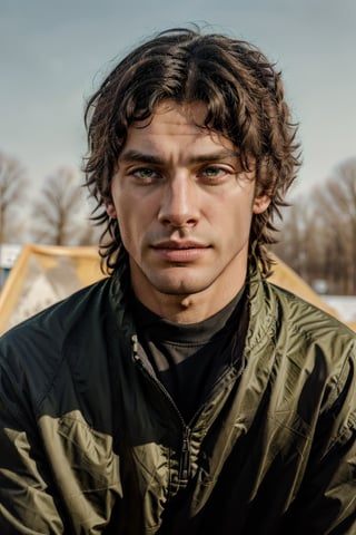 Hyper realistic image of an athletic looking Caucasian man dressed biker green uniform. ((The uniform yellow Fox Racing Sports whit Logos: 1.2)). The character should have detailed skin texture, well-defined hands, and hazel eyes that reflect realism. His face should show symmetry in his physical features, and he should have a serious but friendly expression. When standing, the lighting in the scene should be natural and realistic, with a medium shot that shows the character centered in the frame, (looking directly at the viewer: 1.2). ((Also, make sure his entire body is facing the viewer to create a sense of connection: 1.6)).
(Fund of a BMX track: 1.6)