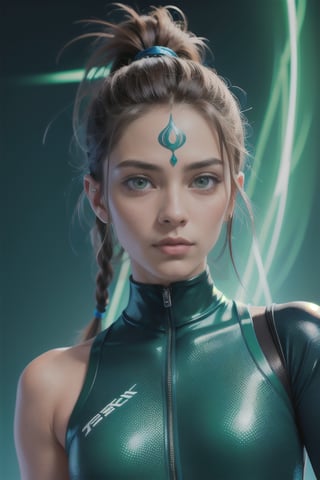 Portrait, photography, androgynous hanuman, oval jaw, delicate features, handsome face, dreadlocked hair, long bangs, long ponytail, glowing blue-green eyes, cyberpunk art inspired by Fox Racing brand cycling uniforms, staring towards the camera. Pose facing the camera.