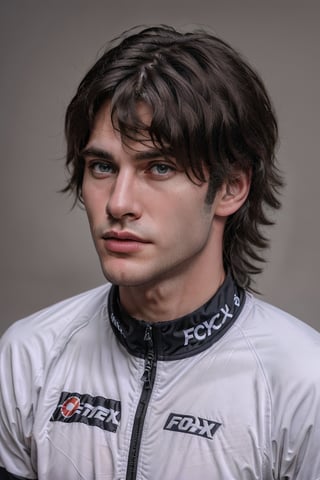 Hyper realistic image of an athletic looking Caucasian man dressed cycling uniform. The uniform is white ((Fox Racing Sports Logos: 1.2)). The character should have detailed skin texture, well-defined hands, and hazel eyes that reflect realism. His face should show symmetry in his physical features, and he should have a serious but friendly expression. When standing, the lighting in the scene should be natural and realistic, with a medium shot that shows the character centered in the frame, (looking directly at the viewer: 1.2). ((Also, make sure his entire body is facing the viewer to create a sense of connection)).
(Change cycling uniform color: 1.8)
((blurry gray backdrop: 1.7))