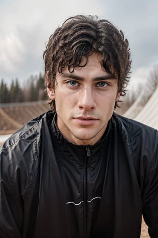 Hyper realistic image of an athletic looking Caucasian man dressed in a modern hi-tech cycling uniform. The uniform is white ((Fox Racing Sports Logos)). The character should have detailed skin texture, well-defined hands, and hazel eyes that reflect realism. His face should show symmetry in his physical features, and he should have a serious but friendly expression. When standing, the lighting in the scene should be natural and realistic, with a medium shot that shows the character centered in the frame, looking directly at the viewer. Also, make sure his entire body is facing the viewer to create a sense of connection.
(Change cycling uniform color: 1.2)
(Fund of a BMX track: 1.2)