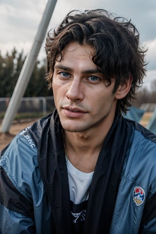 Hyper realistic image of an athletic looking Caucasian man dressed biker Blue uniform. ((The uniform Blue Fox Racing Sports whit Logos: 1.2)). The character should have detailed skin texture, well-defined hands, and hazel eyes that reflect realism. His face should show symmetry in his physical features, and seductive smile, casual hairstyle, detailed finger nails, beautiful teeth, extremely detailed. When standing, the lighting in the scene should be natural and realistic, with a american shot that shows the character centered in the frame, (looking directly at the viewer: 1.6) (Face directly at the viewer: 1.6), (challenging gaze). ((Also, make sure his entire body is facing the viewer to create a sense of connection: 1.0)).
(Fund of a BMX track: 1.6)
detailed background, real-life lighting