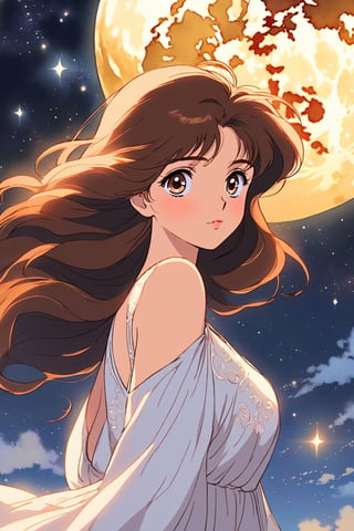 (fat woman, 19 years old, pretty eyes, big eyes, semi-redhead)
((narrow waist))

(wide hips, medium breasts, long hair, brown hair, brown eyes, European woman, white skin)

Posing sexy, bathed in the soft glow of moonlight. The scene has a touch of mystery and sensuality, exuding an ethereal and dreamlike atmosphere.

(dressed, with bikini, lingerie, nightgown)

The soft illumination of the moon casts soft reflections and shadows on her fascinating features.,Anime ,niji style,ghibli