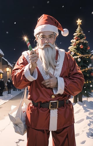 solo,((Santa Claus)),cowboy shot,christmas_hat,Santa Claus beard,snow,christmas tree,night,on the street,boichi manga style,