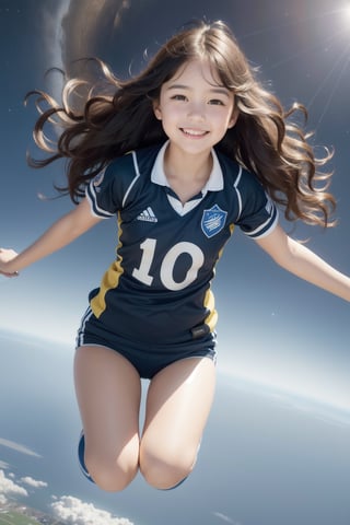 photorealistic,high detail,hyper quality,high resolution,solo,realistic,ultra resolution image,(Wavy hair:1.4),((a 10 years old cute girl)),chubby face,real skin,black_hair,smile,perfect light,sport uniform,full_body,(in the space,flying over the earth),wind,