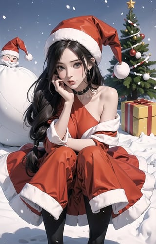 boichi manga style,solo,((mature female)),(long hair),(Random_hairstyle:1.5),middle breasts,cowboy shot,Santa Claus suit, santa hat, snow, Christmas tree,