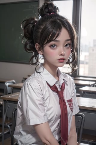 portrait,(Random_hairstyle:1.5),big red lips, pale_skin,realistic skin,girl,in the classroom,
school uniform,