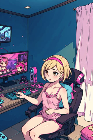 1girl, solo, blonde, short hair, (pink hairband), small breasts, brown eyes, (transparent camisole:1.2), gamer girl, botomless, exposed_pussy, bare legs, console, controller, computer, adventure videogames on screens, dark room, bedroom, gamerseat, sitting, gameroomconcept, webcam