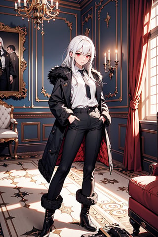 1girl, sole female, long hair, white hair, jitome, red eyes, flat chest, fur black coat, white shirt, boots, vest, long black pants, weapons, indoors, castle room