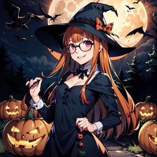 1girl, solo, Kuriyama Mirai, long hair, glasses, small breasts, light smile, Witch hat, pumpkins, night, haunted forest, ravens, full Moon, Candy bag,  orange hair, black dress, Halloween, light smile