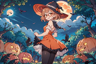 1girl, solo, Kuriyama Mirai, short hair, sidelocks, glasses medium breasts, light smile, Witch hat, pumpkins, night, haunted forest, ravens, full Moon, Candy bag, pantyhose, short dress, (Orange dress:1.2) White and black clothing, pantyshot, thighs,Kuriyama Mirai, ass, skrt lift