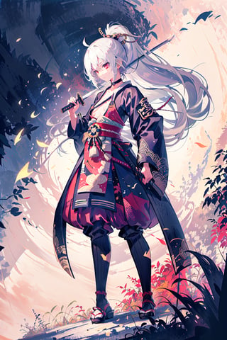 1girl, solo, (white hair:1.2), long hair, red eyes, jitome, choker, small breast, small girl, samurai clothes, japan forest background, holding katana