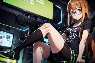 1girl, long hair, glasses, small breast, glasses, skinny, orange hair, long bots, black shorts, armless black shirt, sitting, hacker room,edrinktech