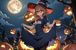 1girl, solo, Kuriyama Mirai, short hair, sidelocks, glasses small breasts, light smile, Witch hat, pumpkins, night, haunted forest, ravens, full Moon, Candy bag, pantyhose, short dress, (black dress:1.2), pantyshot, thighs, ass, skirt lift