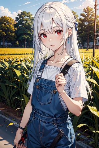 1girl, solo, White hair, long hair, red eyes, flat chest, 
blue overall, better hands, holding a scyte in front on a corn field