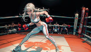 masterpiece, best quality, illustration, full body, body facing viewer, 1girl, white long hair, emotionless, small breast, leggins, sport bra,  hitting a boxing bag