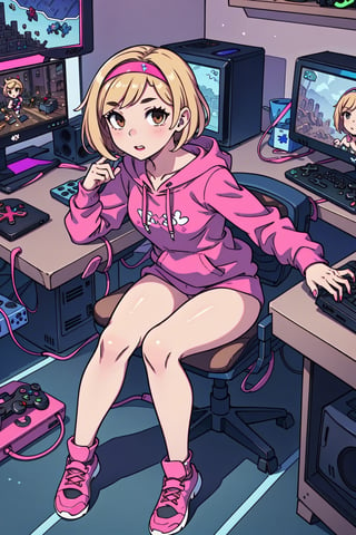 1girl, solo, blonde, short hair, pink hairband, small breasts, brown eyes, gamer girl, hoody, bottomless, bare legs, console, controller, computer, videogames, dark room, bedrrom,gameroomconcept