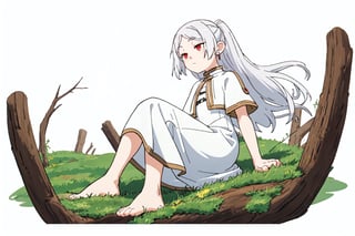 1girl, solo, long hair, white hair, red eyes, Frieren dress, white dress, bare foots, natural background