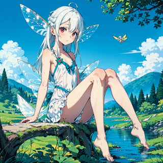 1girl, sole female, long hair, white hair, jitome, red eyes, flat chest, fairy clothes, fairy wings, white translucid dress, forest baclground, lake, blue sky, bare foots