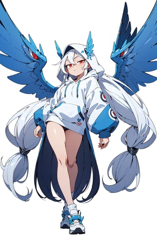 1girl, solo, (white long hair:1.5), red eyes, jitome, sharp focus, cinematic lightingedgGaruda_hoodie, a white and blue bird_woman with wings wearing an (oversize hoodie) ,wearing edgGaruda_hoodie