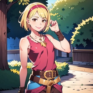 1girl, Blonde, short hair, pink hairband, small breasts, brown eyes, savage design, vox machina style, light smile, outdoors , detailed background, handsome, solo, cowboy shot, bone necklace, ((masterpiece, best quality)), raw photo, 4k hdr, perfecteyes, vox machina style, Savage_Design