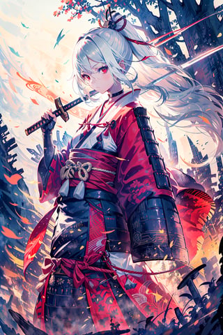 1girl, solo, (white hair:1.2), long hair, red eyes, jitome, choker, small breast, small girl, samurai clothes, japan forest background, holding katana