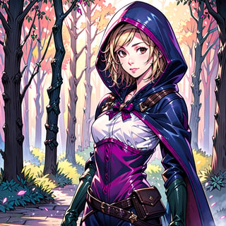 1girl, Blonde, short hair, pink hairband, small breasts, brown eyes, hood up, cape, medium breasts, hooded cloak, belt, pouch, weapon, bow, forest road, night, ((masterpiece, best quality)), raw photo, 4k hdr, (photorealistic:1.4)