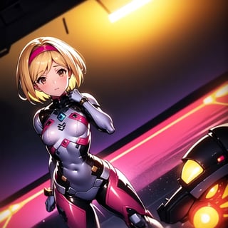 1girl, djeeta, blonde, short hair, pink hairband, brown eyes, small breasts, spaceship enginering orange clothes, standing, big mecha, workshop background, red lights, (vibrant colors:1.3), (cell-shaded:1.1), (dynamic composition:1.2)